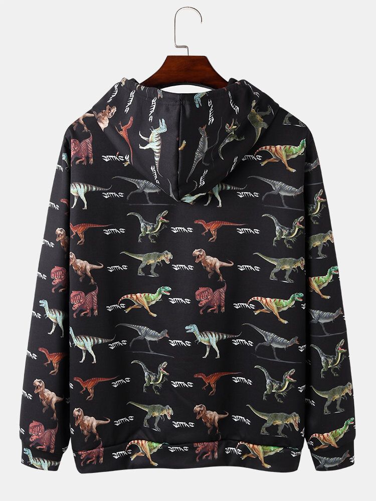 Schwarzer Kapuzenpullover Mit Durchgehendem Dinosaurier-print Und Kordelzug Für Herren Mit Kängurutasche