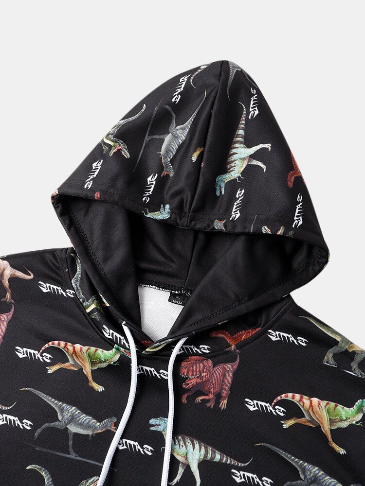 Schwarzer Kapuzenpullover Mit Durchgehendem Dinosaurier-print Und Kordelzug Für Herren Mit Kängurutasche