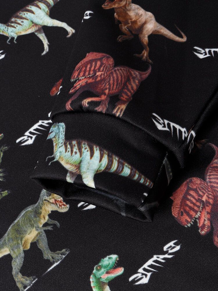 Schwarzer Kapuzenpullover Mit Durchgehendem Dinosaurier-print Und Kordelzug Für Herren Mit Kängurutasche