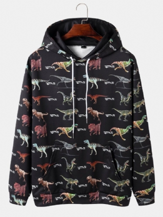 Schwarzer Kapuzenpullover Mit Durchgehendem Dinosaurier-print Und Kordelzug Für Herren Mit Kängurutasche