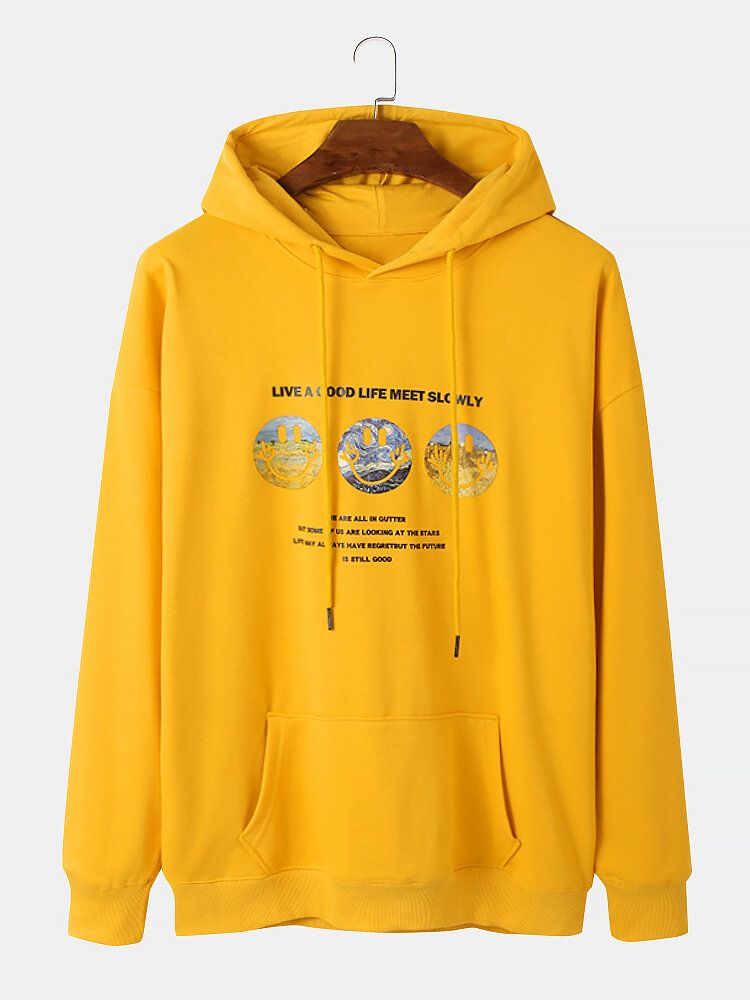 Smile-muster-slogan-druck Für Herren Drop-shoulder-design Kordelzug-hoodies