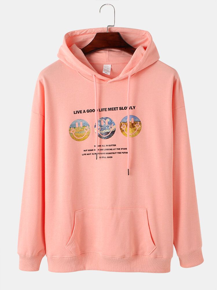 Smile-muster-slogan-druck Für Herren Drop-shoulder-design Kordelzug-hoodies