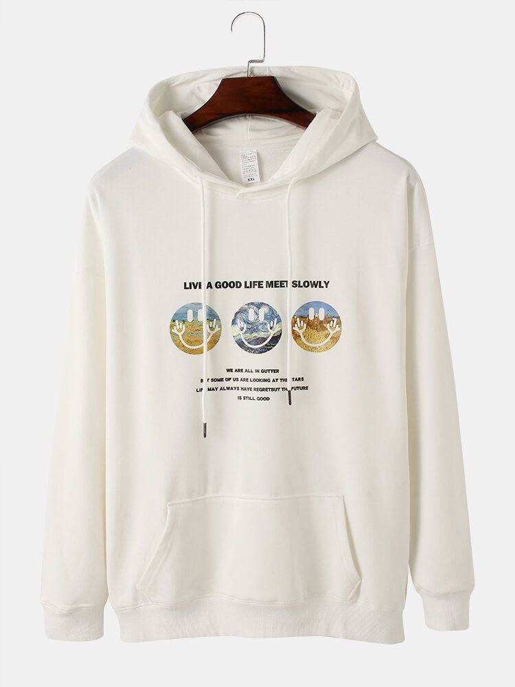 Smile-muster-slogan-druck Für Herren Drop-shoulder-design Kordelzug-hoodies