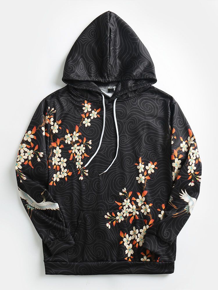 Taschen-hoodies Im Ethnischen Stil Mit Weißem Kranich-blumendruck Für Herren