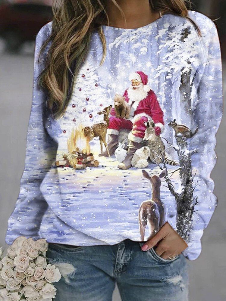 Weihnachtsfrauen Santa Bedruckte Pullover Langarm Süße Sweatshirts