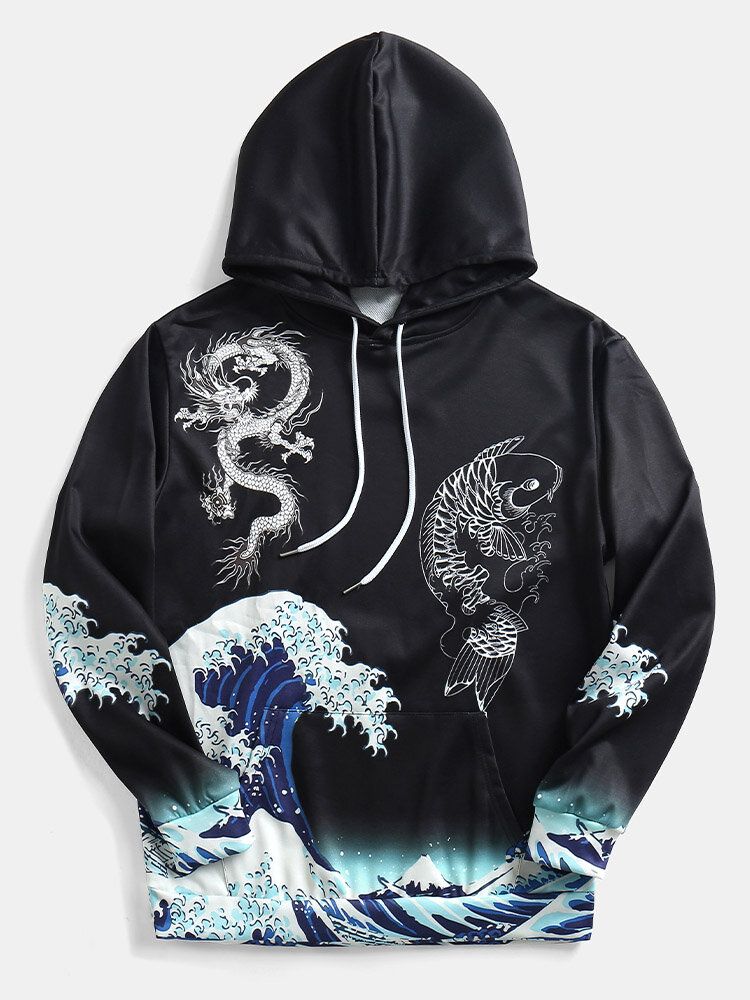 Winddichter Ukiyo-e Element Drachen-wellenmuster-schwarz-kapuzenpulli Für Herren