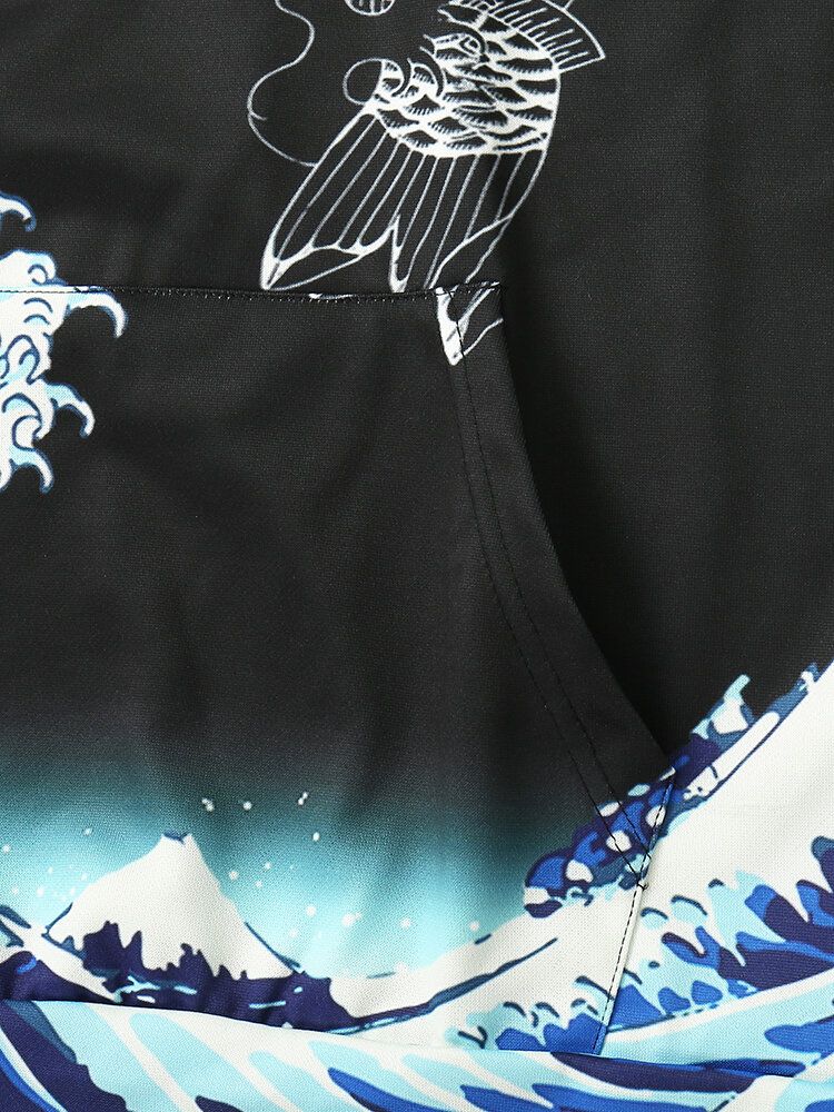 Winddichter Ukiyo-e Element Drachen-wellenmuster-schwarz-kapuzenpulli Für Herren