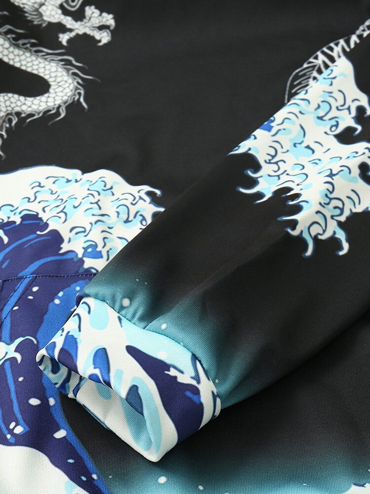 Winddichter Ukiyo-e Element Drachen-wellenmuster-schwarz-kapuzenpulli Für Herren