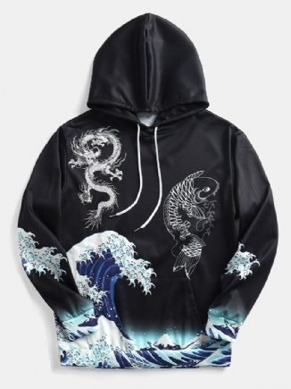 Winddichter Ukiyo-e Element Drachen-wellenmuster-schwarz-kapuzenpulli Für Herren