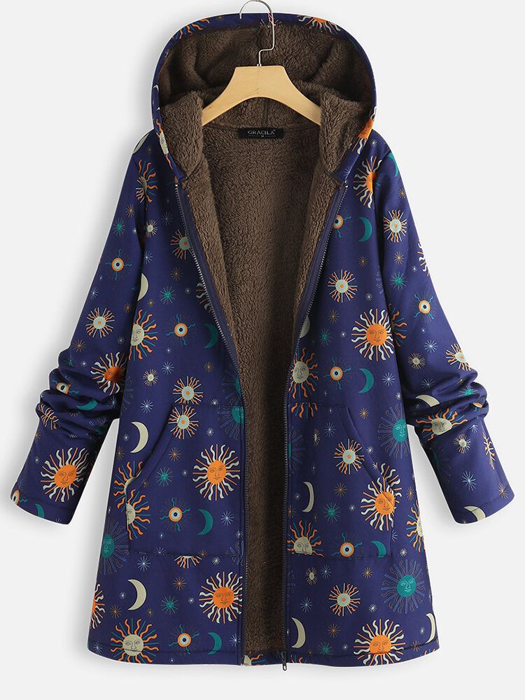 Casual Solor System Print Taschen Langarm Plus Fleece Mäntel