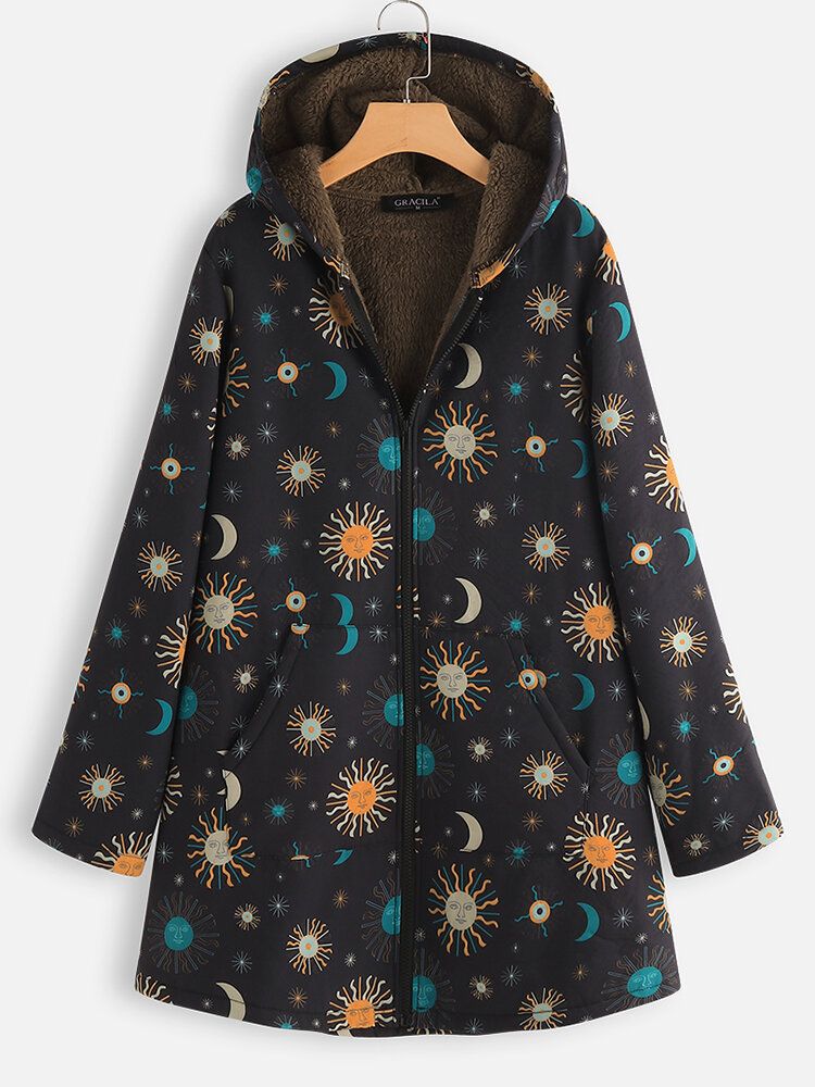 Casual Solor System Print Taschen Langarm Plus Fleece Mäntel