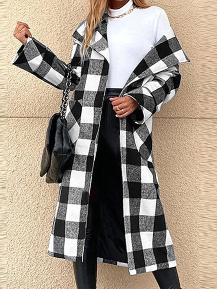 Damen Lattice Plaid Bedrucktes Wadenlanges Revers Seitentaschen Lässige Mäntel