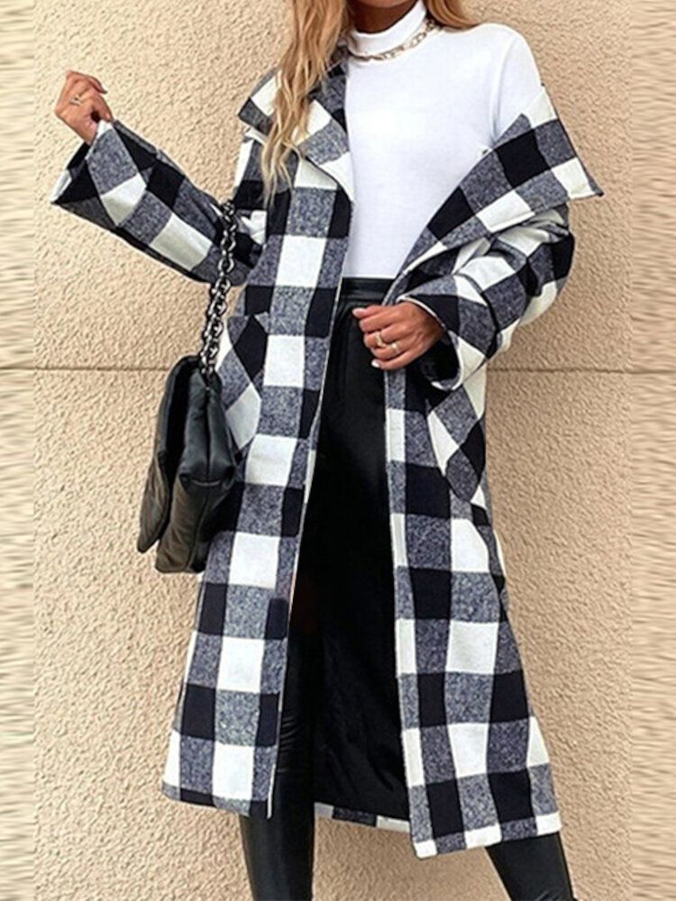 Damen Lattice Plaid Bedrucktes Wadenlanges Revers Seitentaschen Lässige Mäntel