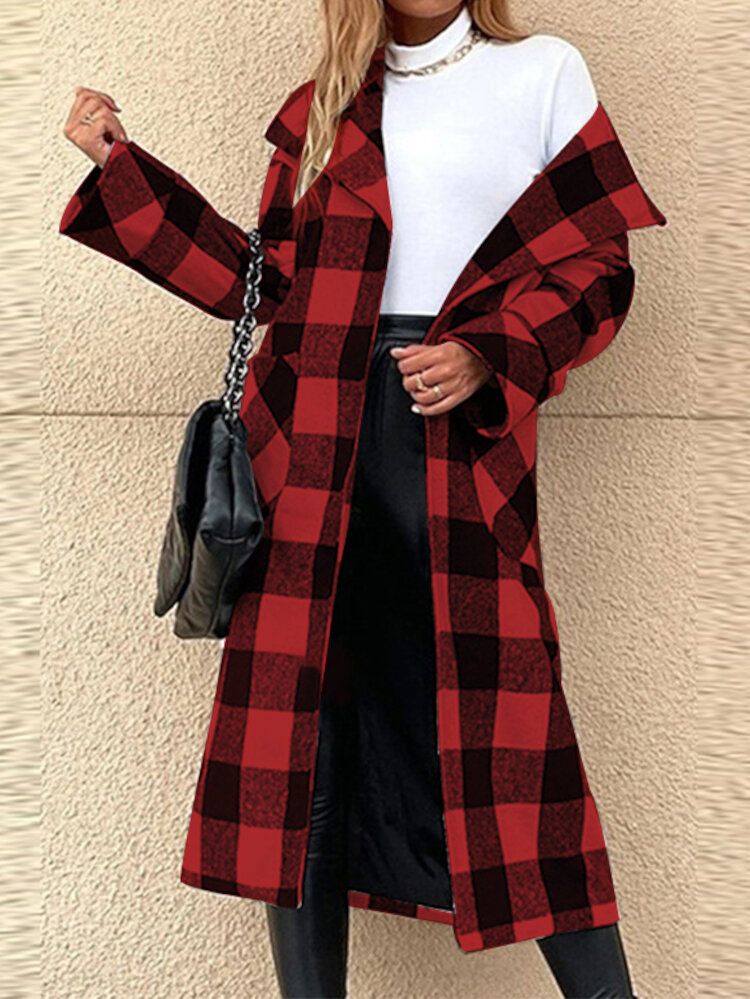 Damen Lattice Plaid Bedrucktes Wadenlanges Revers Seitentaschen Lässige Mäntel