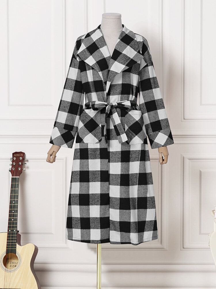 Damen Lattice Plaid Bedrucktes Wadenlanges Revers Seitentaschen Lässige Mäntel