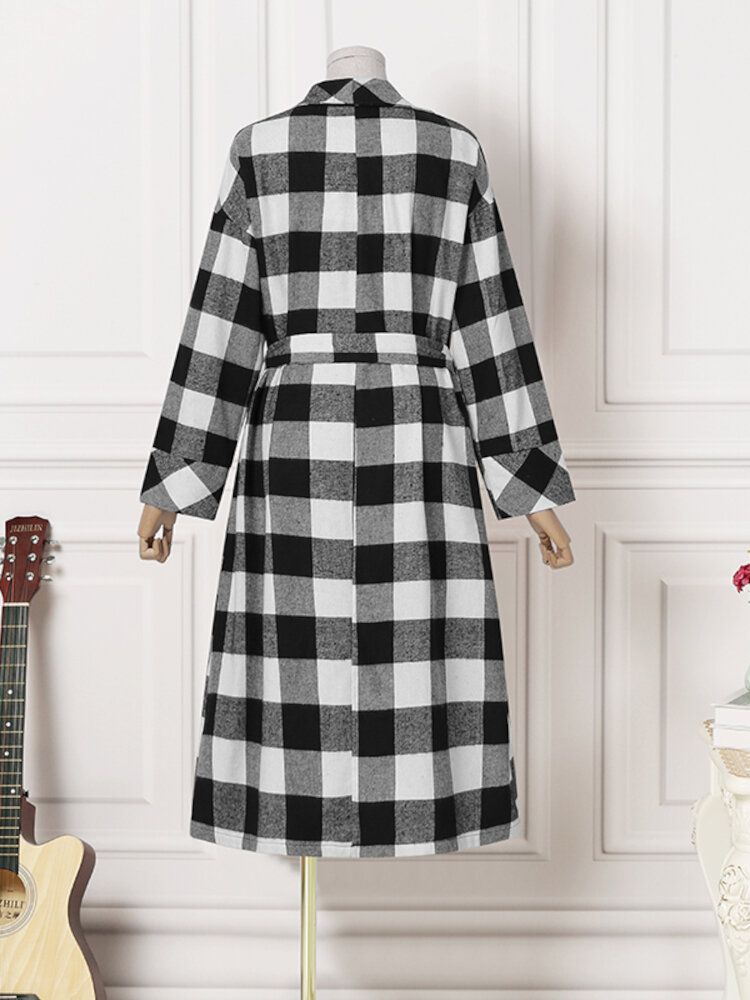 Damen Lattice Plaid Bedrucktes Wadenlanges Revers Seitentaschen Lässige Mäntel