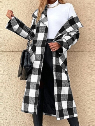 Damen Lattice Plaid Bedrucktes Wadenlanges Revers Seitentaschen Lässige Mäntel