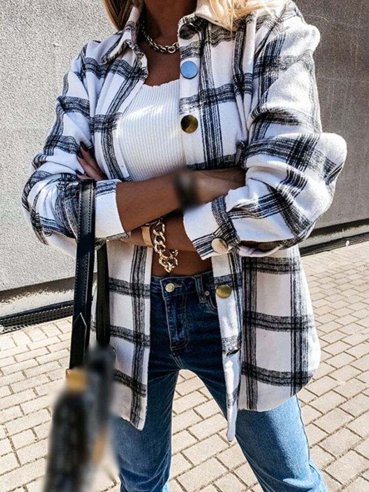 Damen Plaid Button Front Revers Lässig Langarm Hemd Mäntel