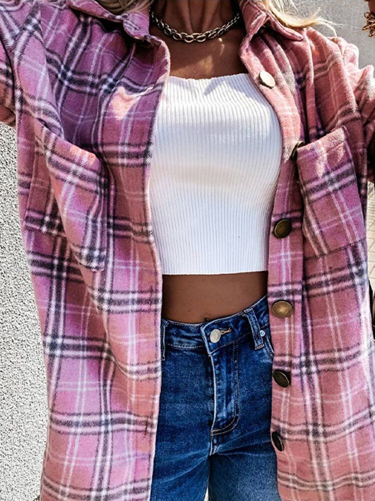 Damen Plaid Button Front Revers Lässig Langarm Hemd Mäntel