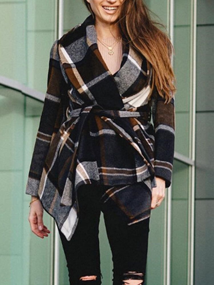 Damen Plaid Langarm Mäntel Mit Asymmetrischem Saum Und Schärpen