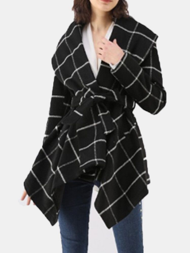 Damen Plaid Langarm Mäntel Mit Asymmetrischem Saum Und Schärpen