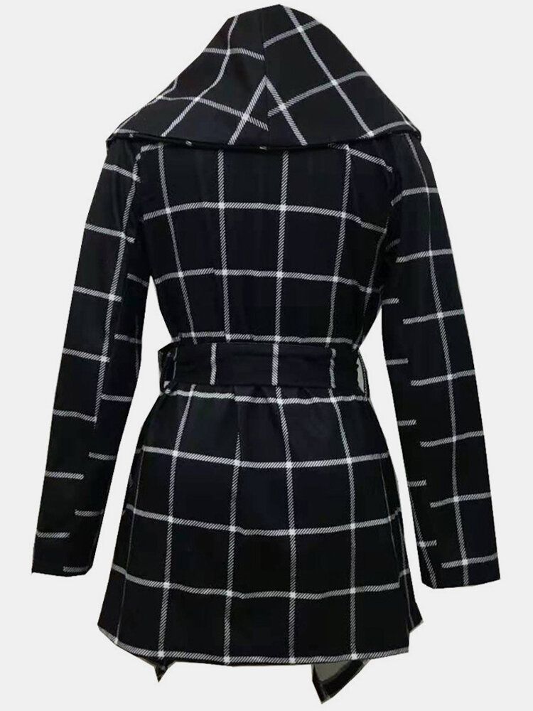 Damen Plaid Langarm Mäntel Mit Asymmetrischem Saum Und Schärpen