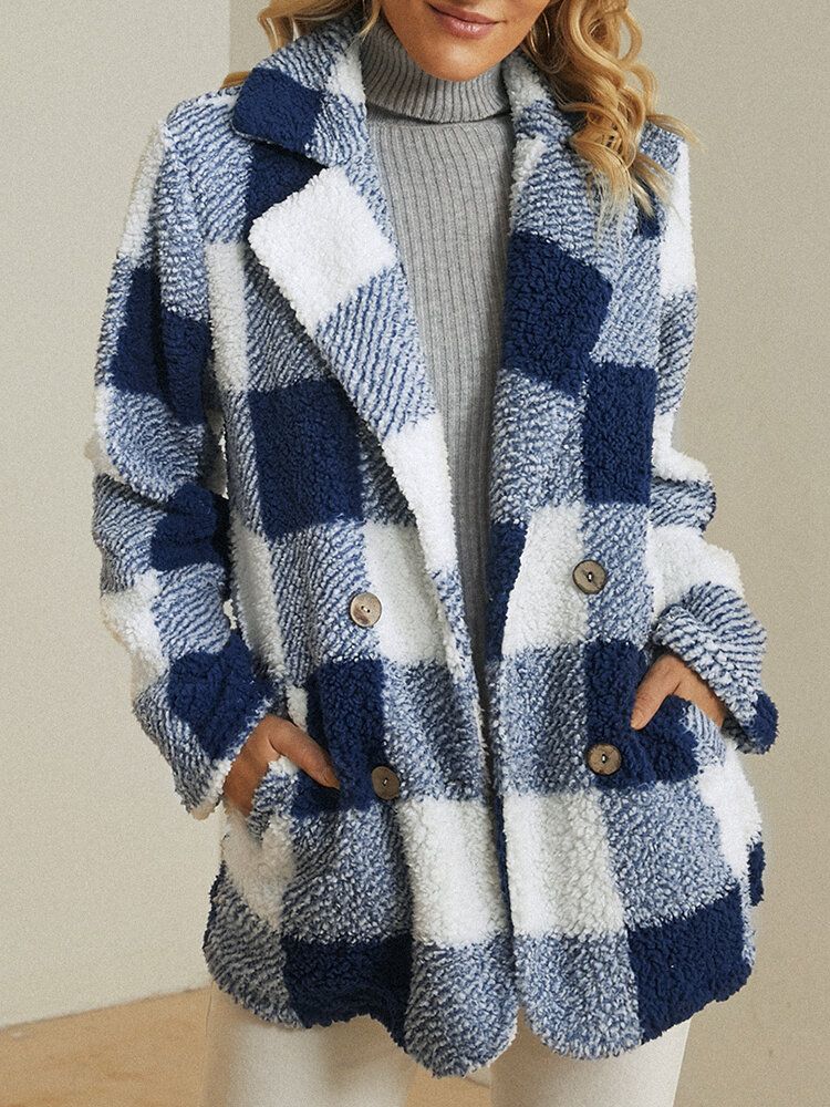 Damen Plaid Warmer Flauschiger Plüsch Zweireihiger Mantel Mit Tasche