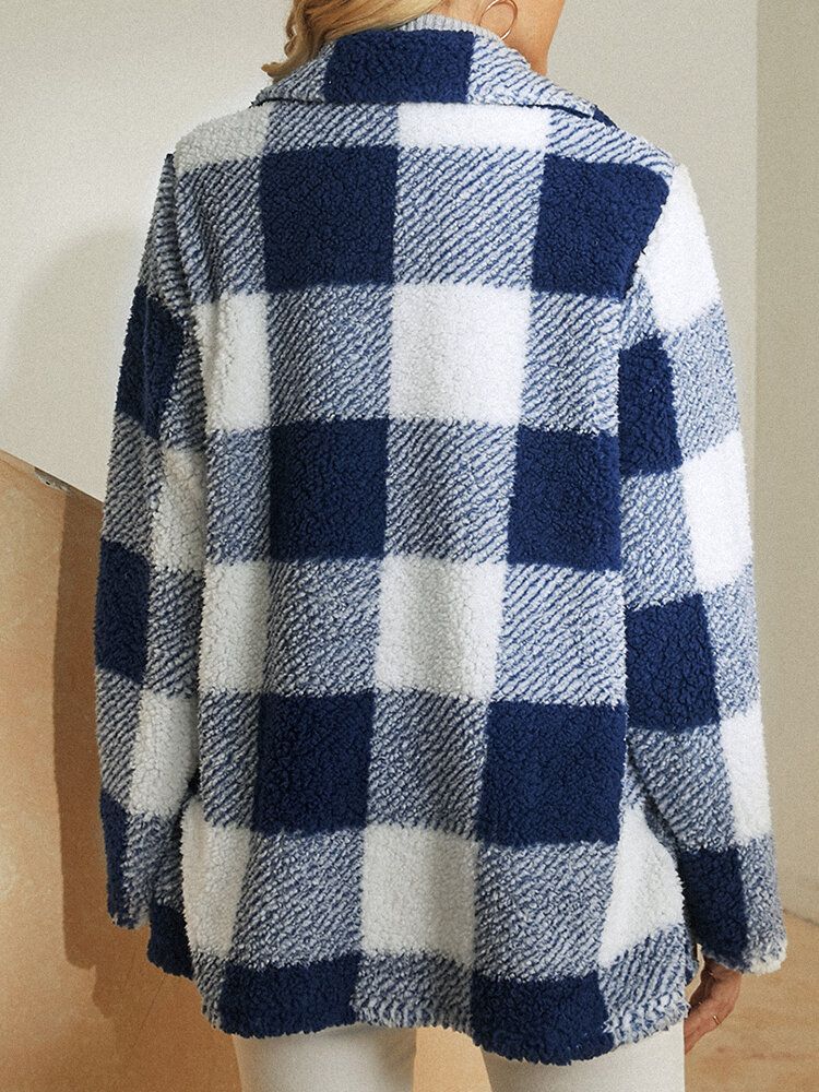 Damen Plaid Warmer Flauschiger Plüsch Zweireihiger Mantel Mit Tasche