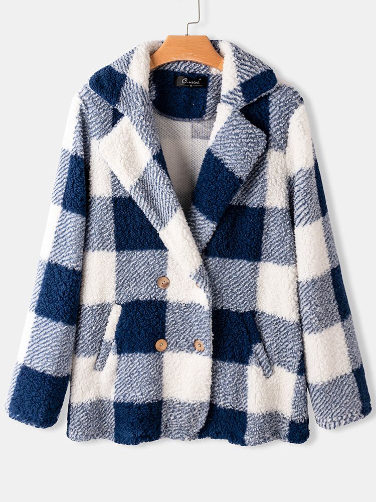 Damen Plaid Warmer Flauschiger Plüsch Zweireihiger Mantel Mit Tasche