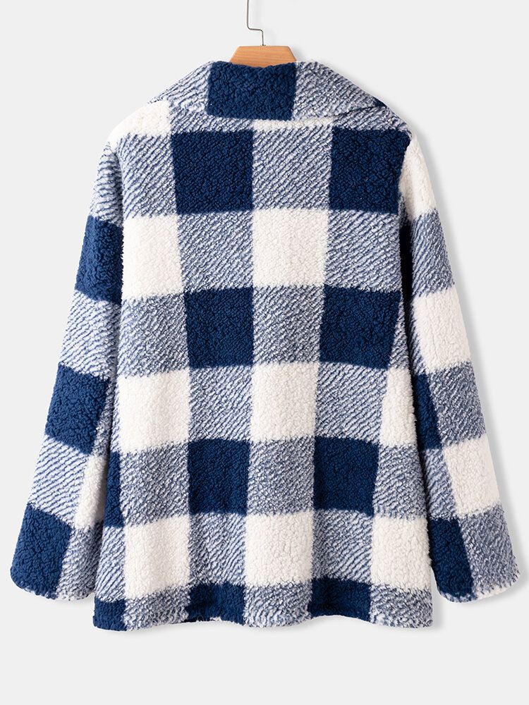 Damen Plaid Warmer Flauschiger Plüsch Zweireihiger Mantel Mit Tasche