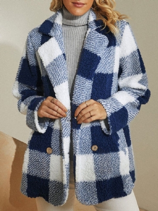 Damen Plaid Warmer Flauschiger Plüsch Zweireihiger Mantel Mit Tasche