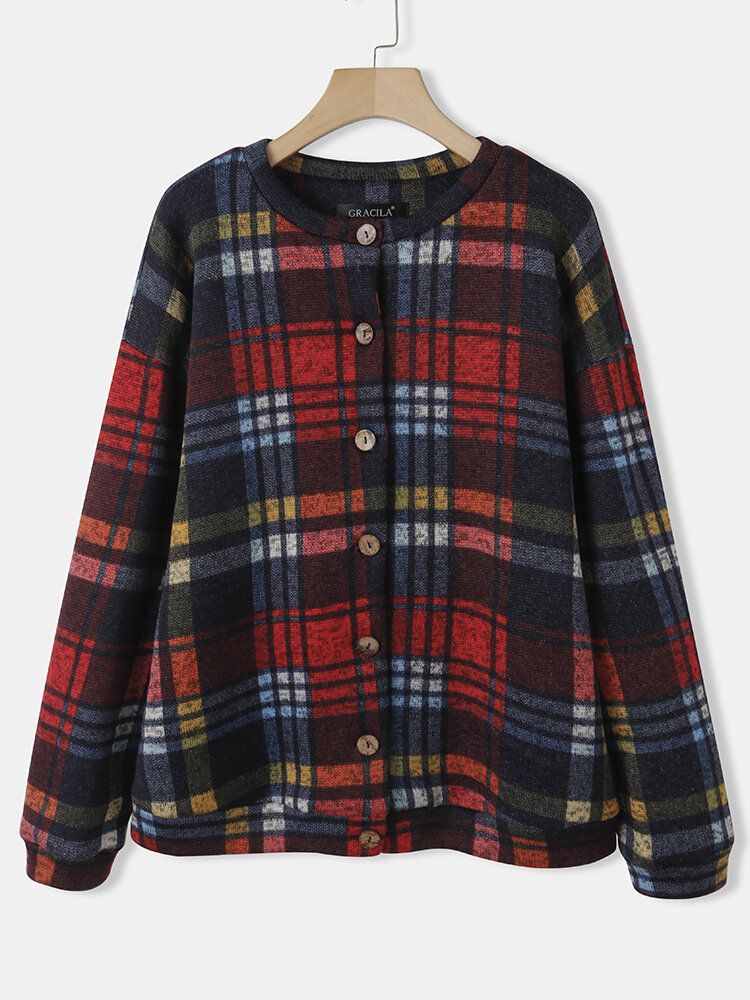 Damen Vintage Plaid Button Up Casual Langarm Mäntel