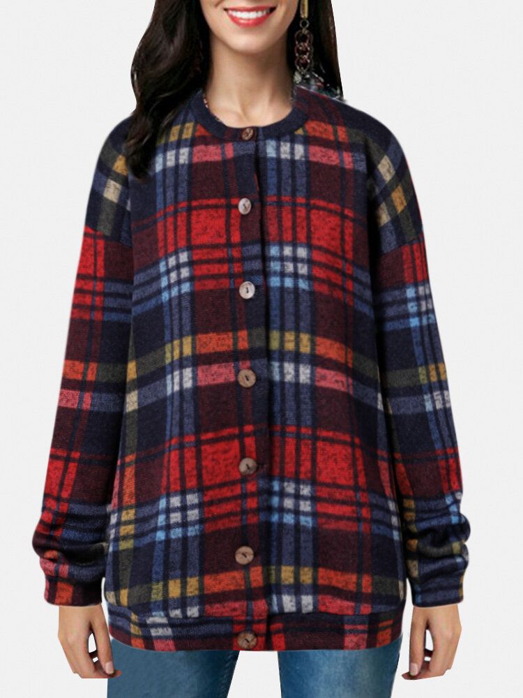 Damen Vintage Plaid Button Up Casual Langarm Mäntel