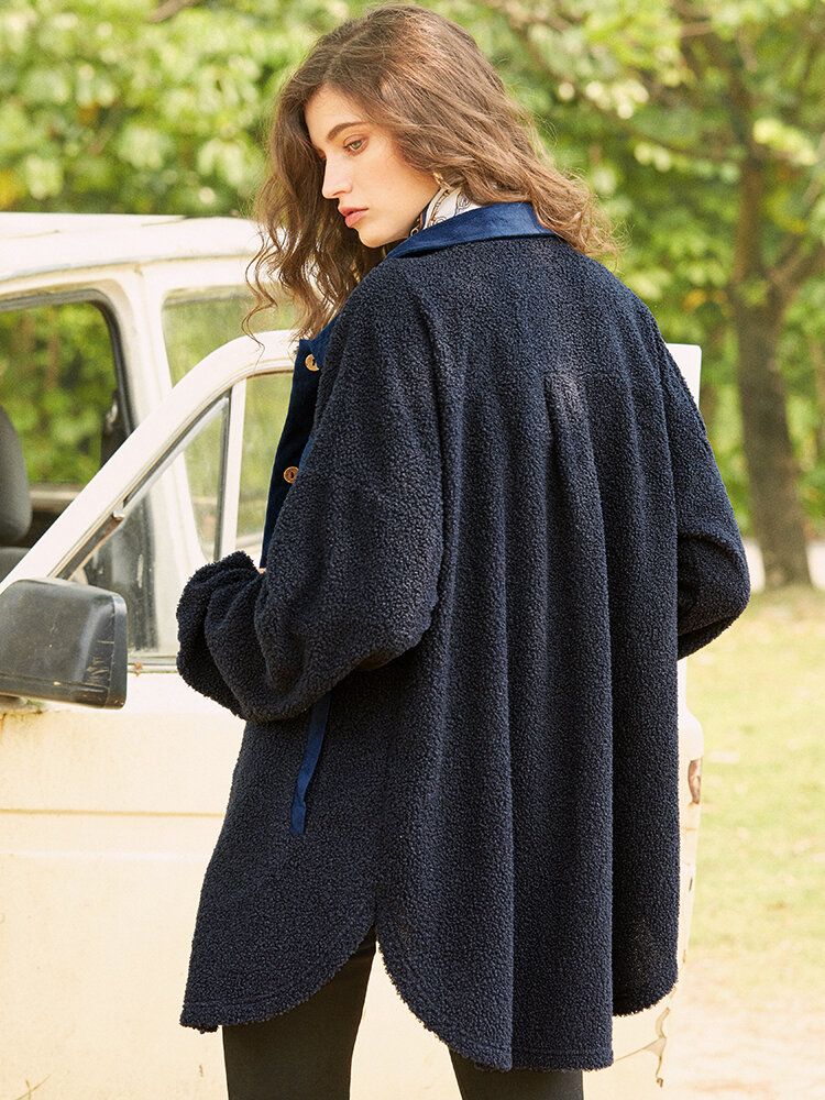 Einfarbige Fleece-patchwork-mäntel Mit Unregelmäßigem Saum Und Langen Ärmeln