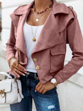 Frauen Solide Kunstwildleder Button-up-revers Lässige Langarm-jacke Mit Tasche