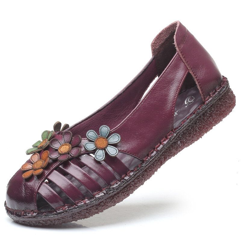 Atmungsaktive Retro-slip-on-schuhe Aus Echtem Leder Mit Blumenverzierung Für Damen