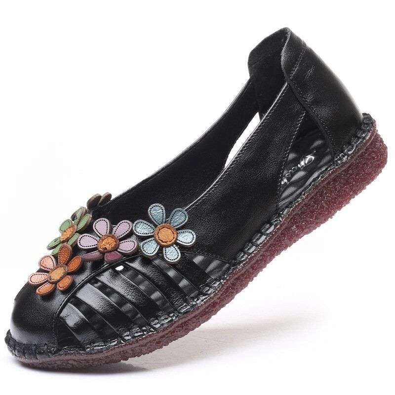 Atmungsaktive Retro-slip-on-schuhe Aus Echtem Leder Mit Blumenverzierung Für Damen