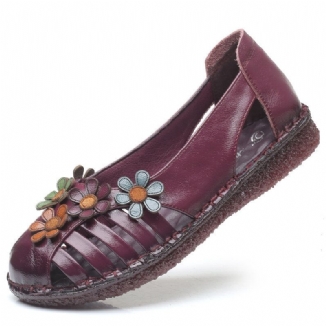 Atmungsaktive Retro-slip-on-schuhe Aus Echtem Leder Mit Blumenverzierung Für Damen