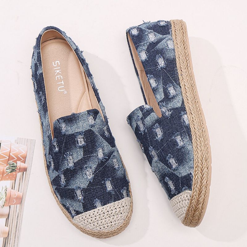 Bequeme Denim-espadrilles Mit Zerrissenem Design Für Damen Flache Schuhe Loafer