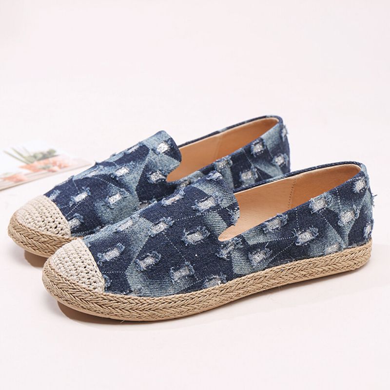 Bequeme Denim-espadrilles Mit Zerrissenem Design Für Damen Flache Schuhe Loafer