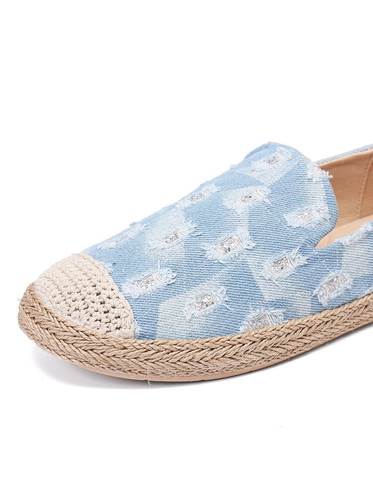 Bequeme Denim-espadrilles Mit Zerrissenem Design Für Damen Flache Schuhe Loafer