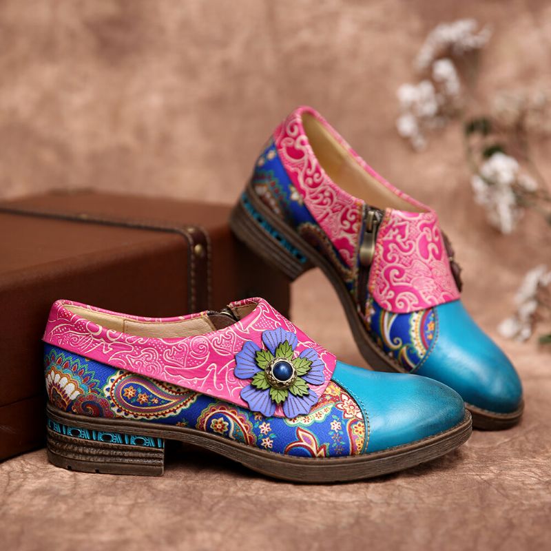 Bequeme Flache Schuhe Aus Echtem Leder Im Retro-stil Mit Paisley-spleißen Und Floraler Prägung