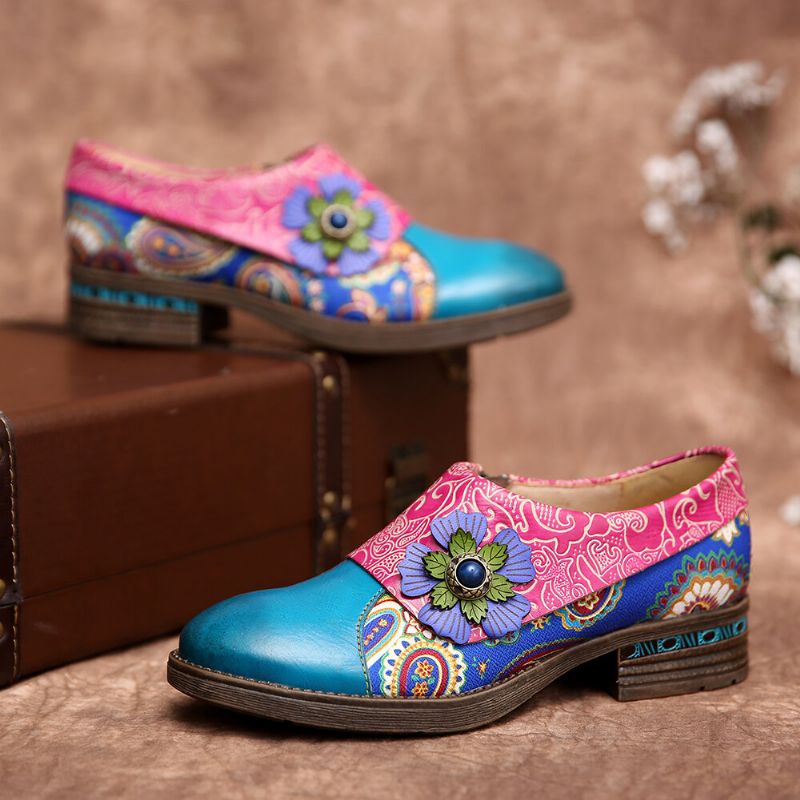 Bequeme Flache Schuhe Aus Echtem Leder Im Retro-stil Mit Paisley-spleißen Und Floraler Prägung