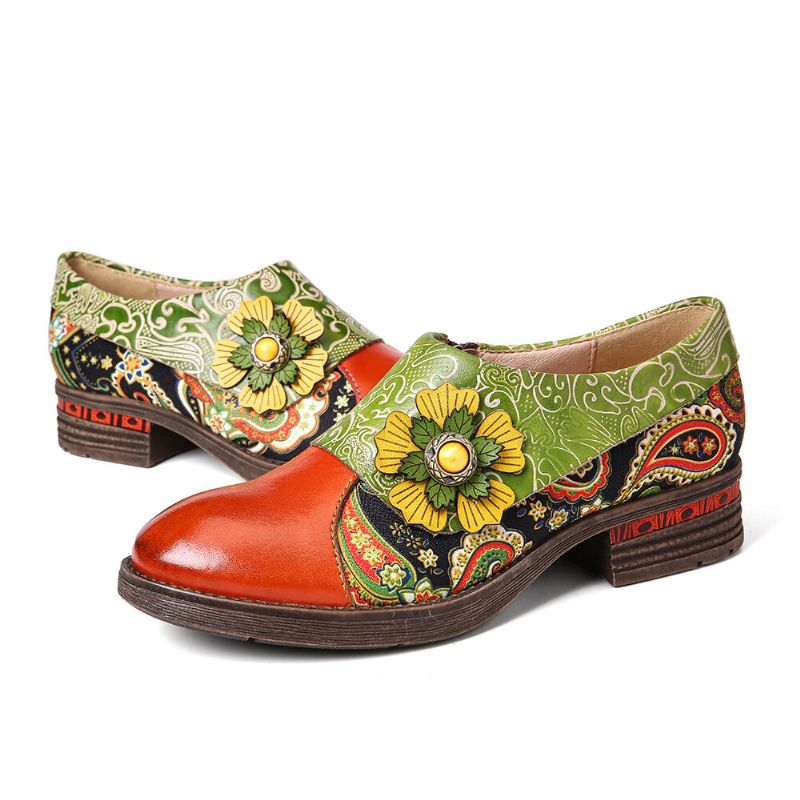 Bequeme Flache Schuhe Aus Echtem Leder Im Retro-stil Mit Paisley-spleißen Und Floraler Prägung