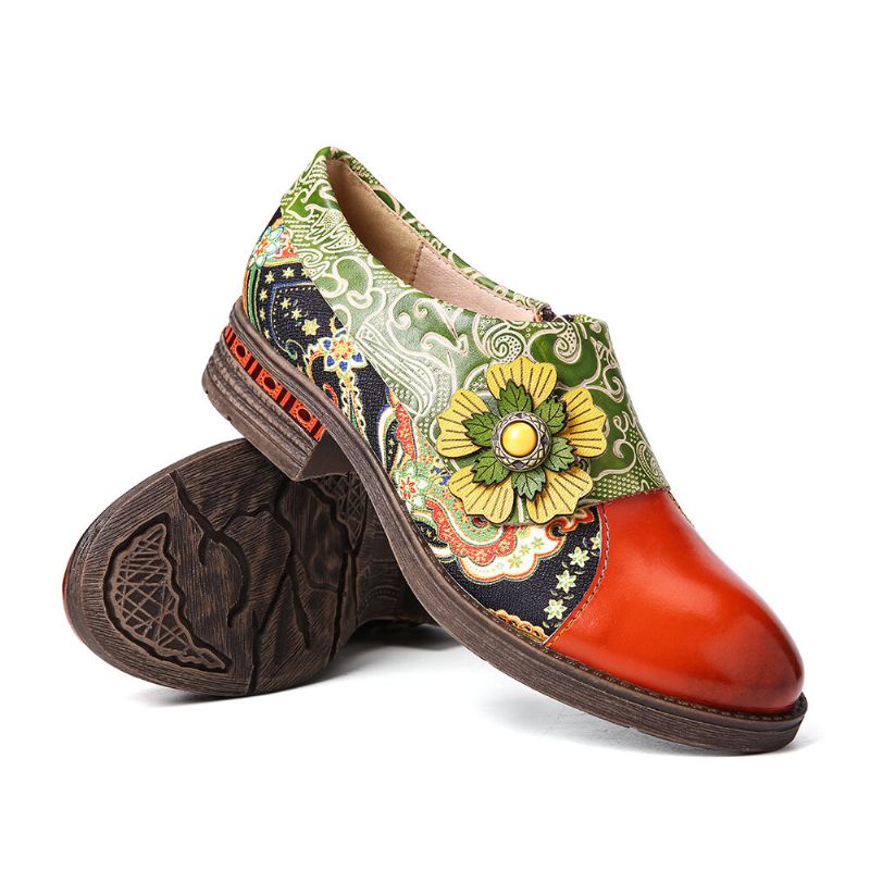 Bequeme Flache Schuhe Aus Echtem Leder Im Retro-stil Mit Paisley-spleißen Und Floraler Prägung