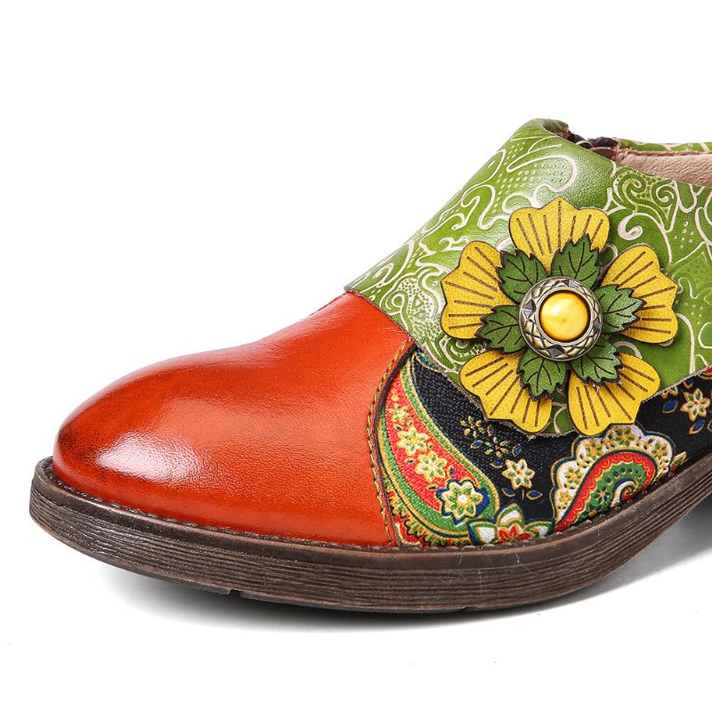 Bequeme Flache Schuhe Aus Echtem Leder Im Retro-stil Mit Paisley-spleißen Und Floraler Prägung