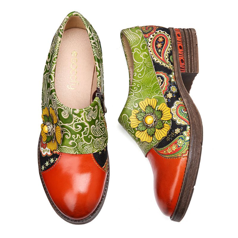 Bequeme Flache Schuhe Aus Echtem Leder Im Retro-stil Mit Paisley-spleißen Und Floraler Prägung