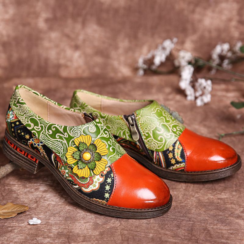 Bequeme Flache Schuhe Aus Echtem Leder Im Retro-stil Mit Paisley-spleißen Und Floraler Prägung