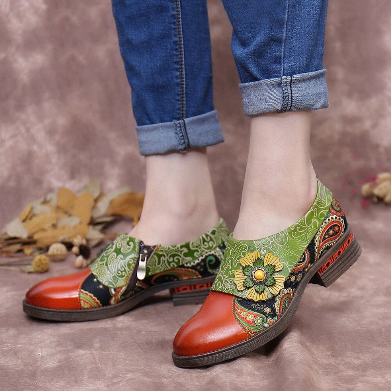 Bequeme Flache Schuhe Aus Echtem Leder Im Retro-stil Mit Paisley-spleißen Und Floraler Prägung