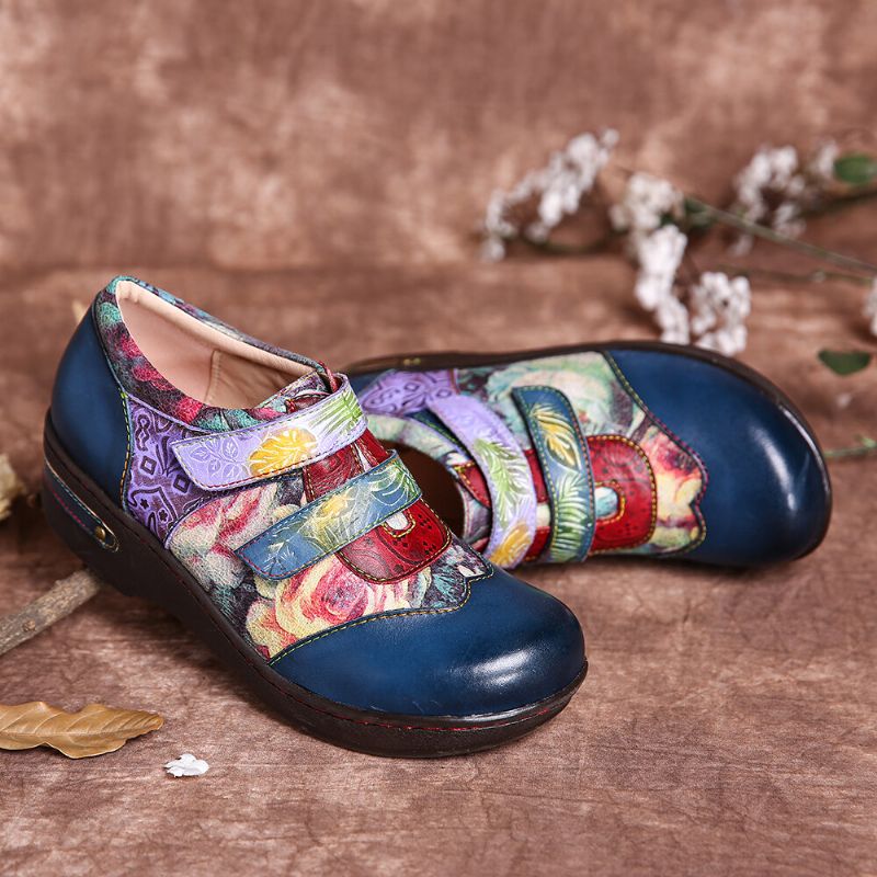 Bequeme Flache Schuhe Aus Echtem Leder Mit Retro-blumenprägung